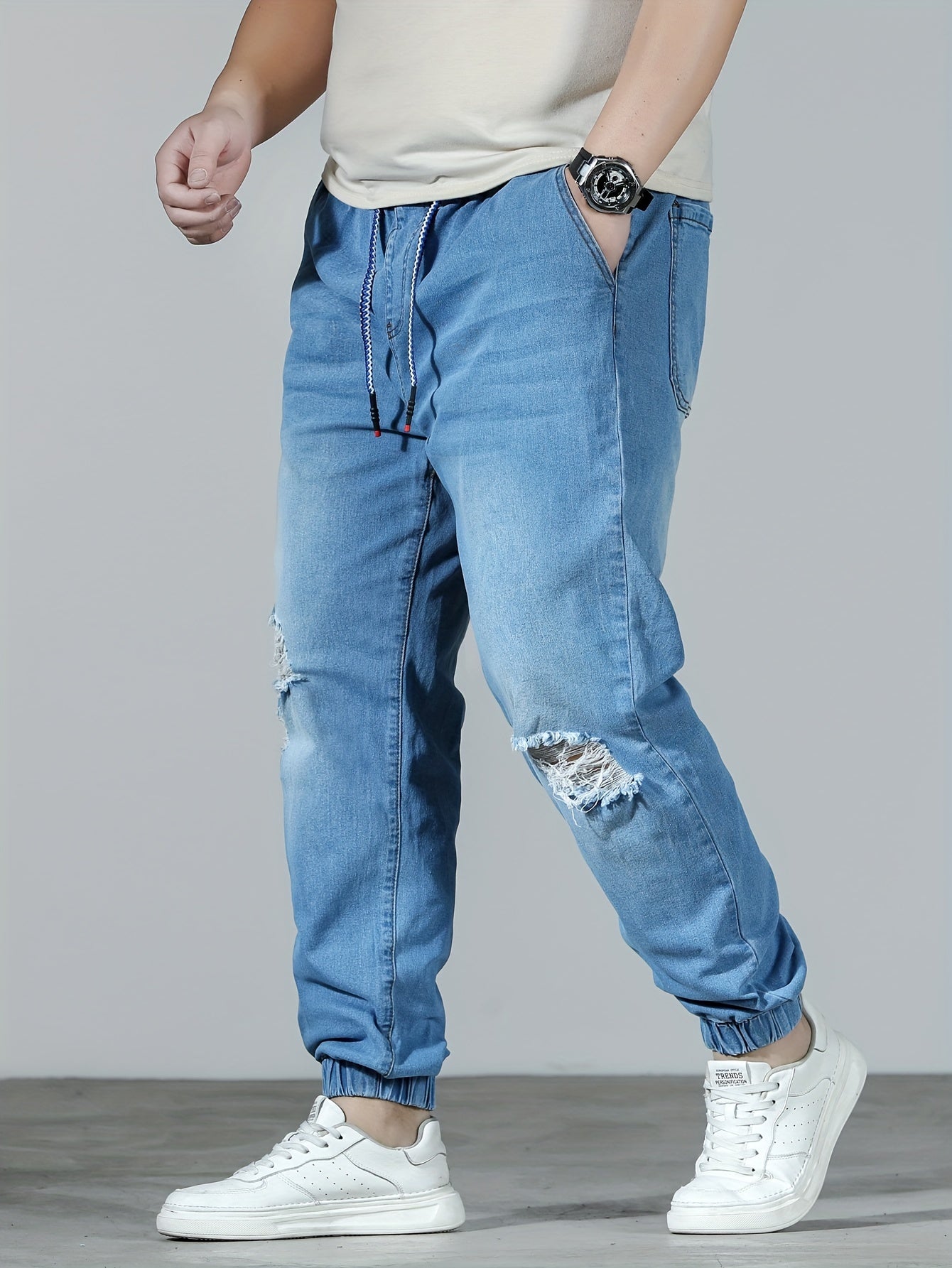 Plus Size Men's Distressed Ripped Denim Joggers Cotton Blend All-Season Casual