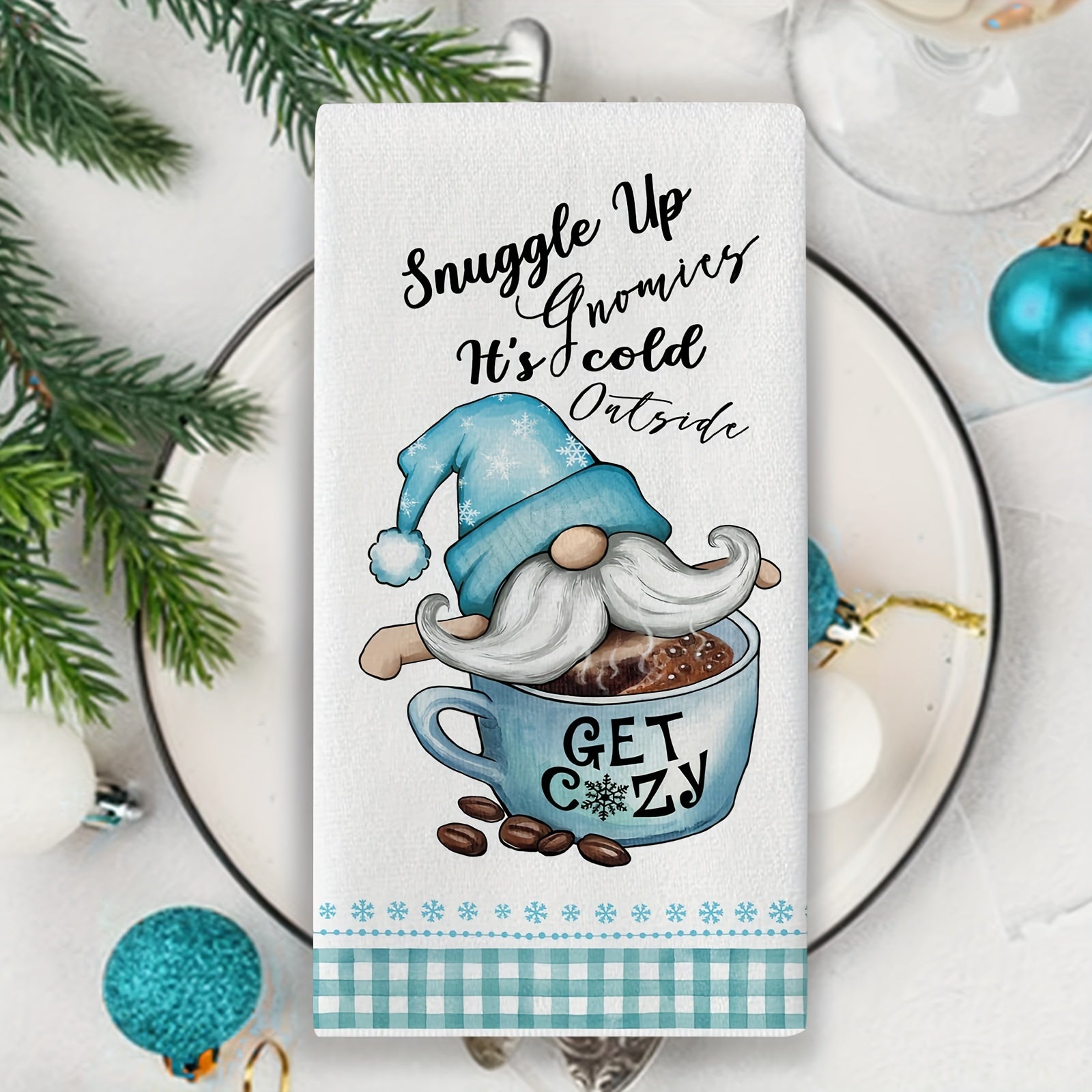 2 dona Rojdestvo barmoq sochiqlari, polyester gnome va issiq kakao dizayni, singdiruvchi to'qilgan mato, mashinada yuvish mumkin, to'rtburchak shakli, 250gsm, 40.64x60.96 sm.