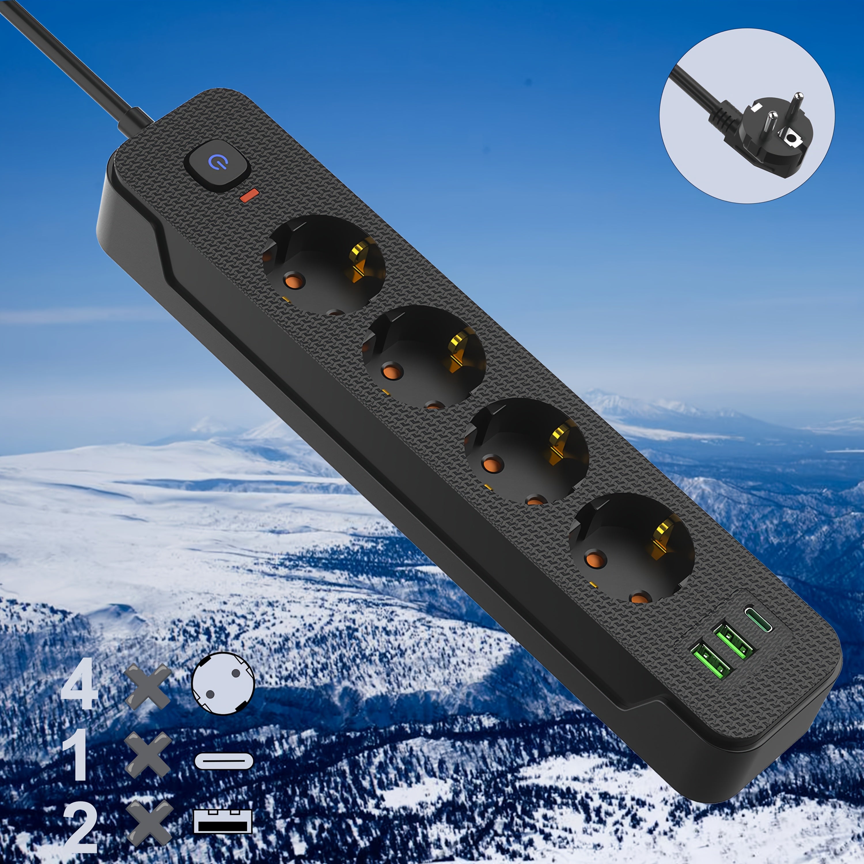 Europe Power Strip with 3/4/5 Sockets, 2m Extension Cord, Main Switch for Home Office Kitchen Garage Outdoors