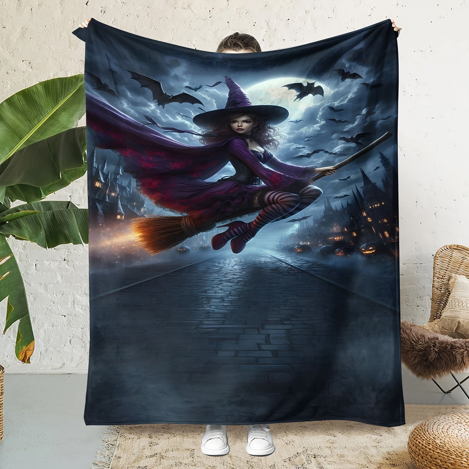 Halloween Witch Broom Flannel Blanket Quilted Anime Bedding Hypoallergenic All-Season Polyester Throw for Sofa Bed Camping