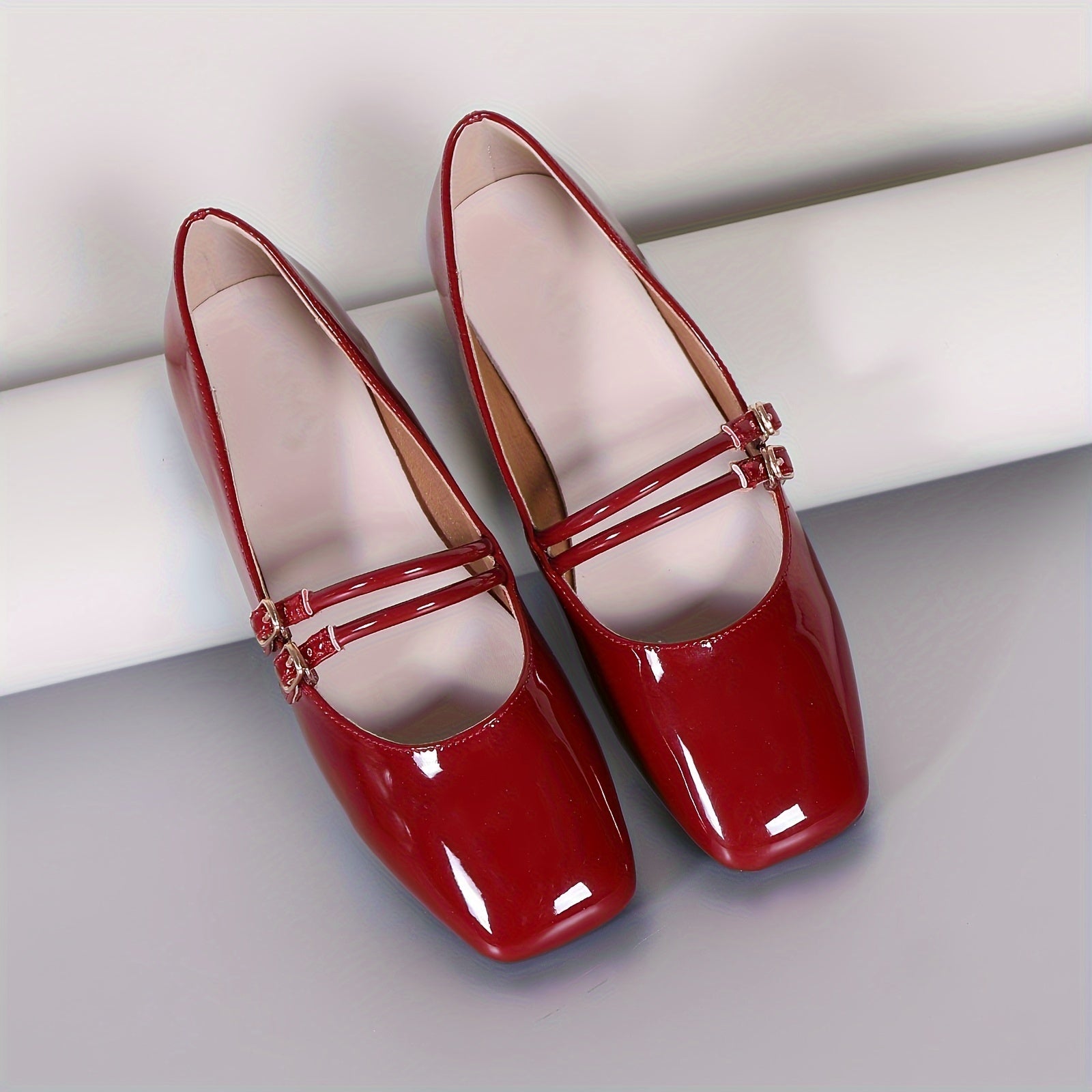 Women's Square Toe Flat Shoes Solid Color Double Buckle Flats