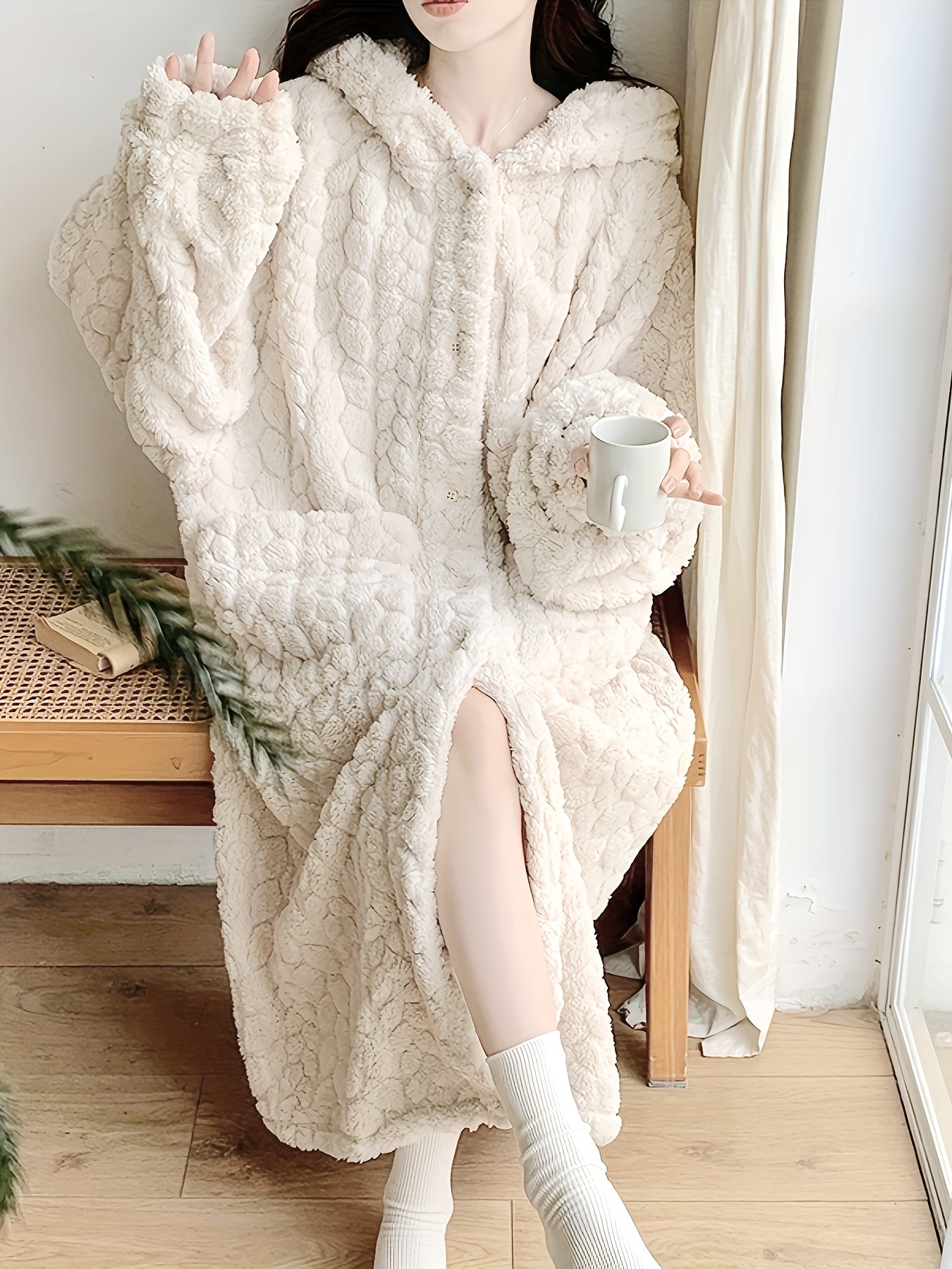 Bata de felpa para mujer con capucha, bolsillos, mangas largas, otoño e invierno, casual