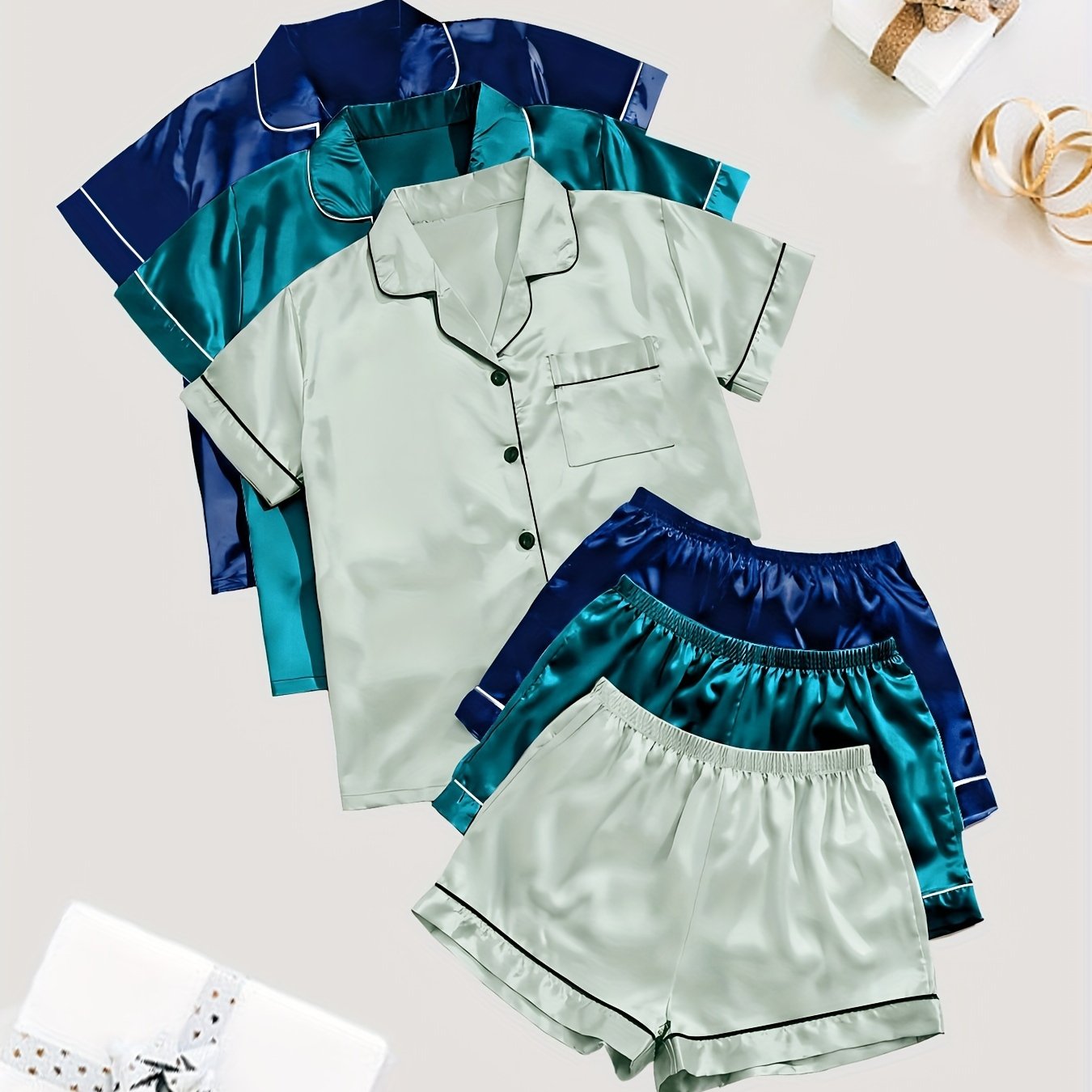 Women's Satin Sleepwear Set Short Sleeve Button Top Elastic Shorts Summer Casual