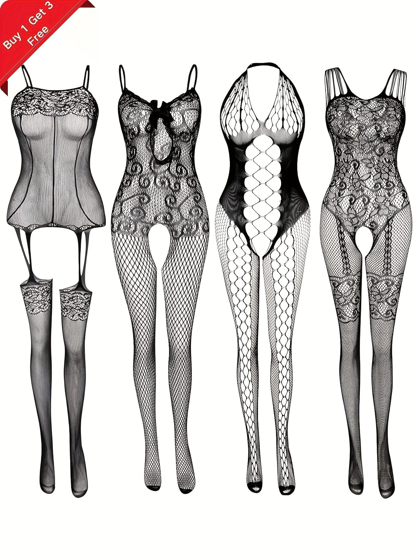 Women's Plus Size Fishnet Bodystocking Open Crotch Stretchy Lingerie Pack of 4