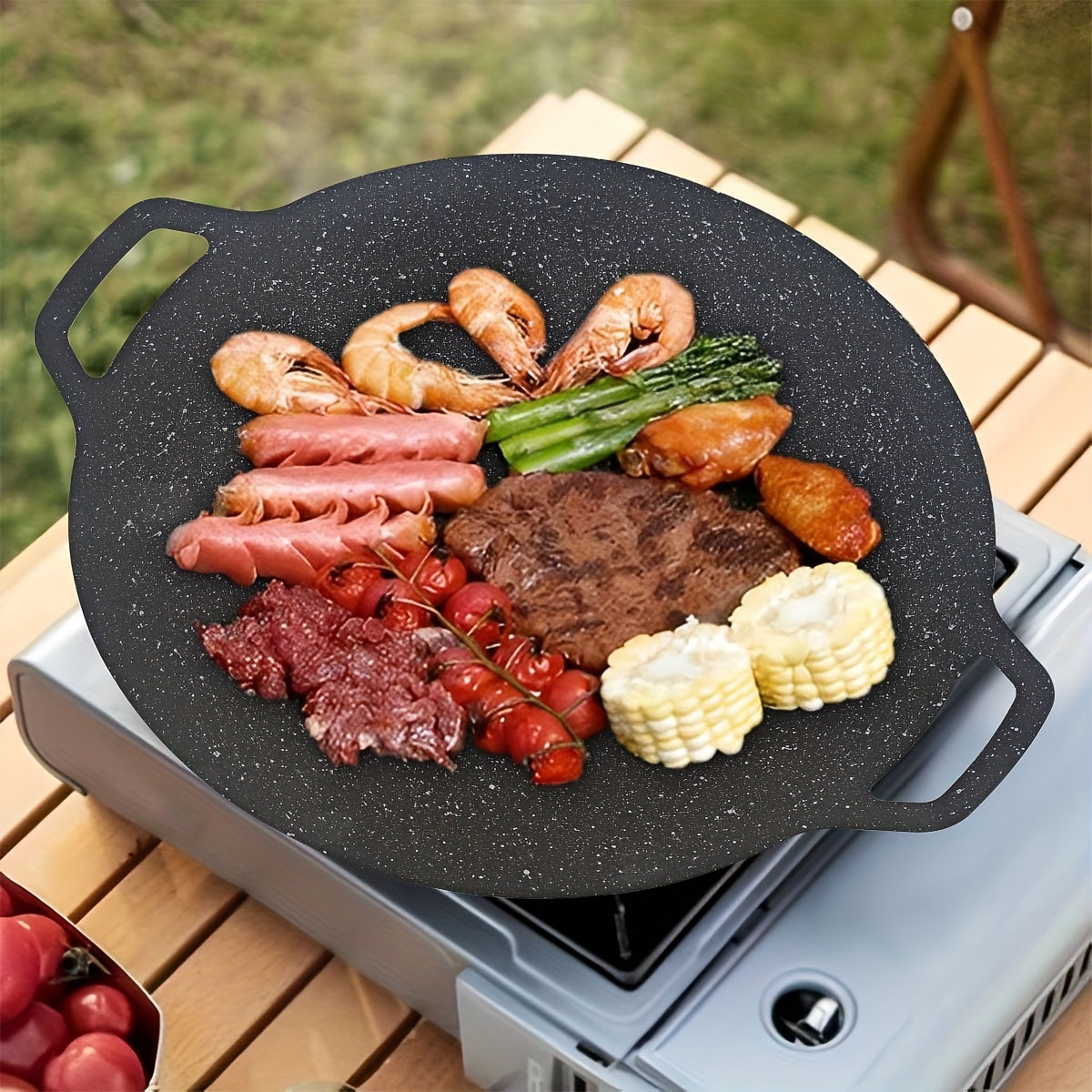 Qalayli qattiq temir BBQ tava 29.97cm, yopishqoq bo'lmagan, tutqichlar bilan, sayohat va uyda pishirish uchun