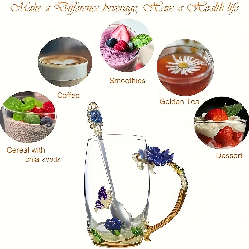 11.8oz Glass Tea Cup Set with Coaster and Spoon Elegant Flower Pattern for Coffee Water