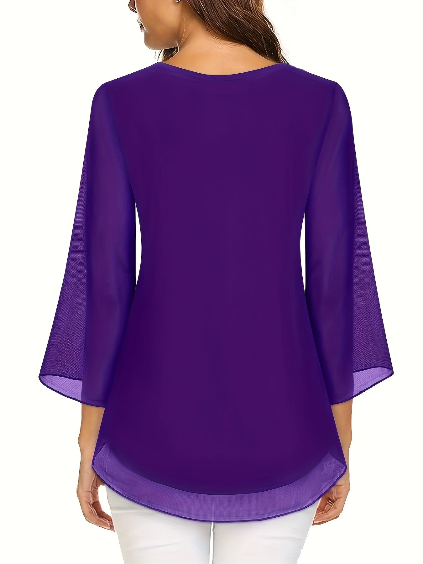 Women's Plus Size V-Neck Blouse with Lace Detail Flared Sleeves Polyester