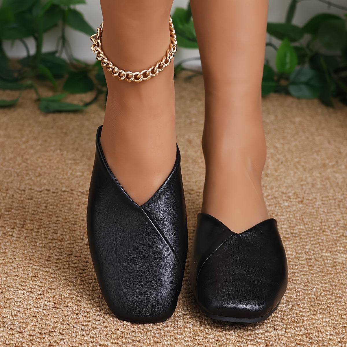 Women's Square Toe Mules Flat Shoes Faux Cover Solid Color Non-Slip Rubber Sole