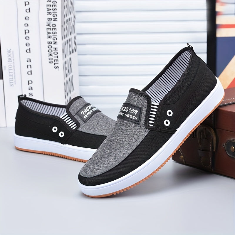 Men's Canvas Slip-On Sneakers with White Laces Non-Slip Rubber Sole All-Season Casual Shoes