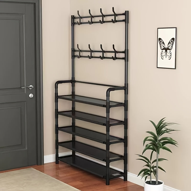 Metal Entryway Storage Rack with Shoe Shelves Hooks and Coat Stand in White or Black