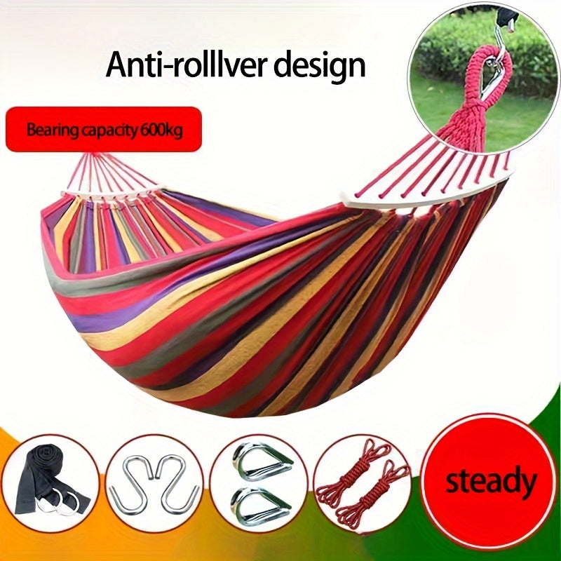 Heavy-Duty Rainbow Canvas Hammock for Single or Double Support Up to 226.8 KG with Wooden Sticks and Tree Straps