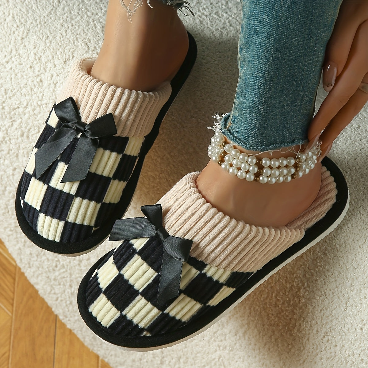 Women's Checkered Knit Slippers with Bow Non-Slip Sole Indoor Comfort
