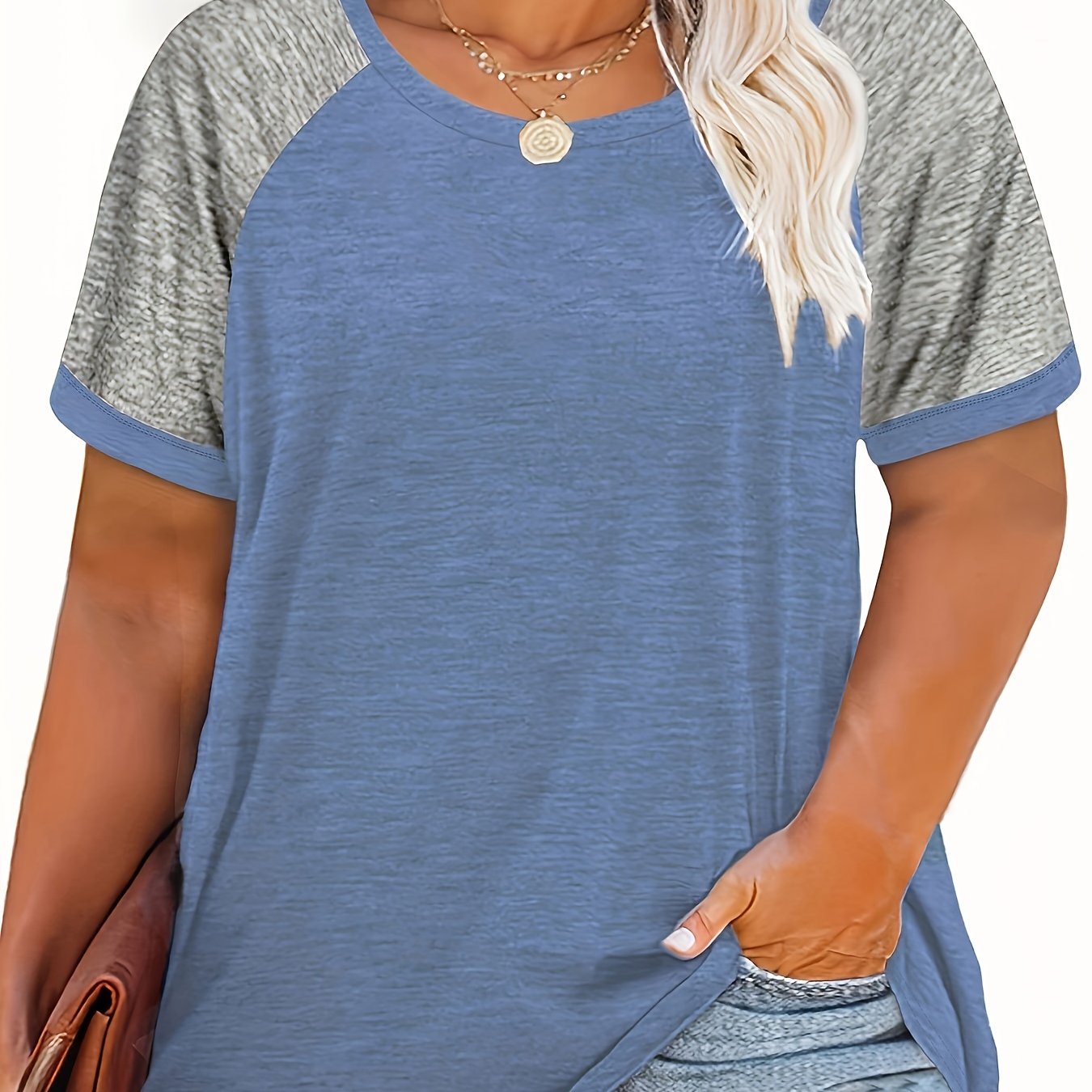 Plus Size Women's Summer Casual Raglan Color Block T-Shirt Soft Breathable Tee