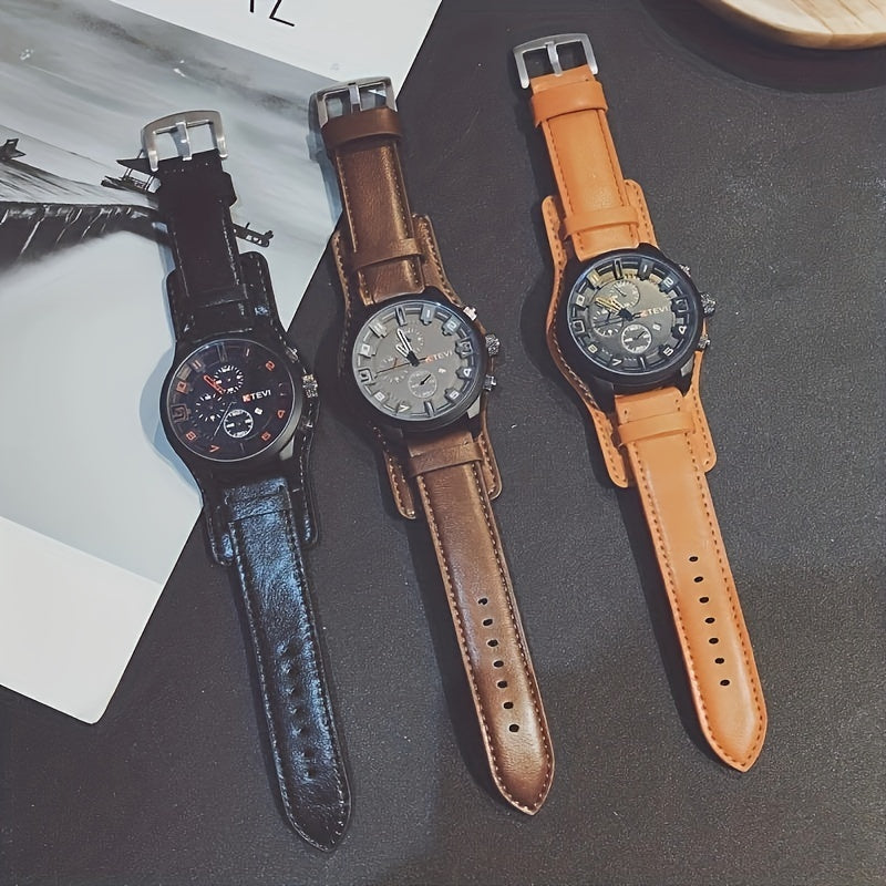 Men's Sports Watch with Large Dial, Calendar, Quartz Movement, PU Leather Strap