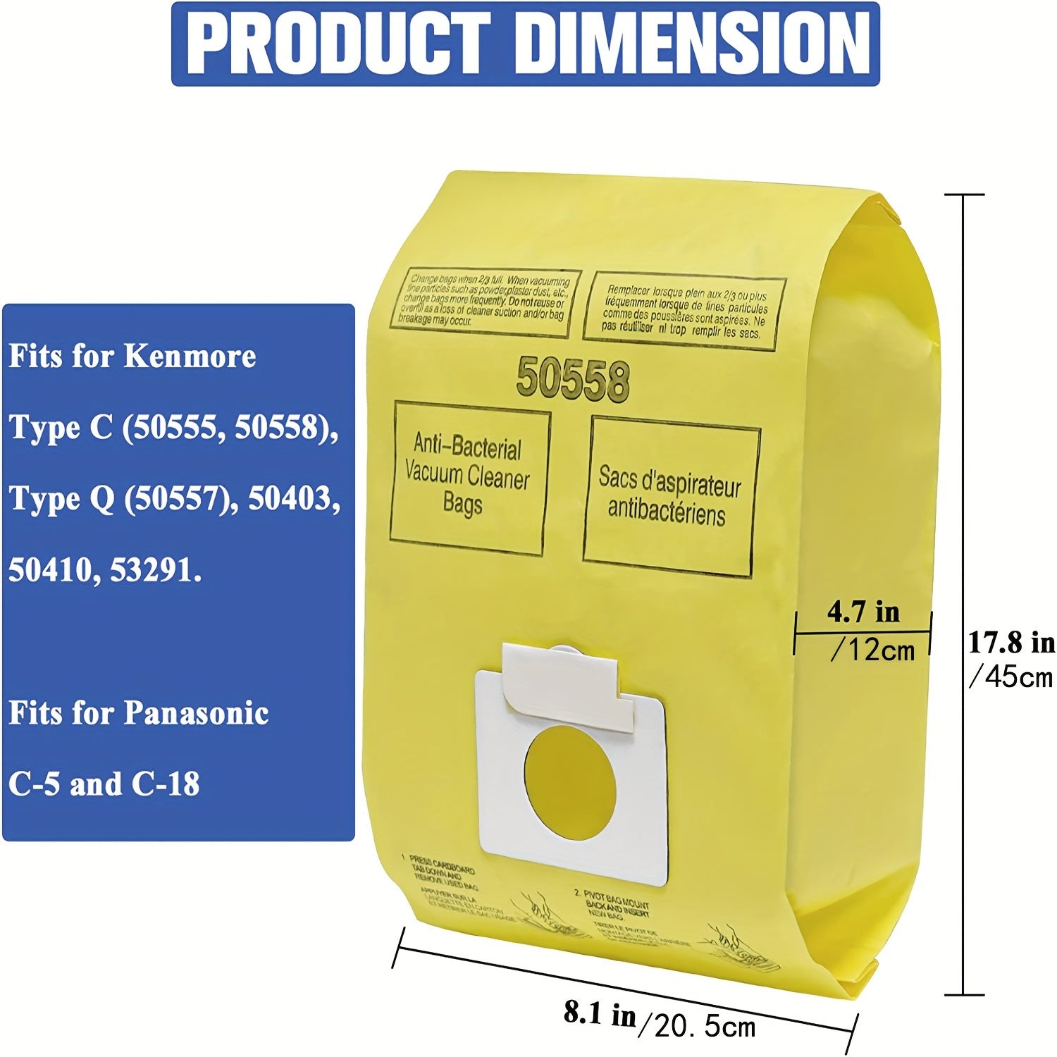 Kenmore Canister C, Q, C/Q, CQ, 5055, 50555, 50558, 50557, 50104 va Panasonic Type C-5, C-18, C-19, MC-V295H, MC-V150M uchun qulay 12 ta to'plamda premium almashtirish vakuum tozalovchi chang sumkalari.