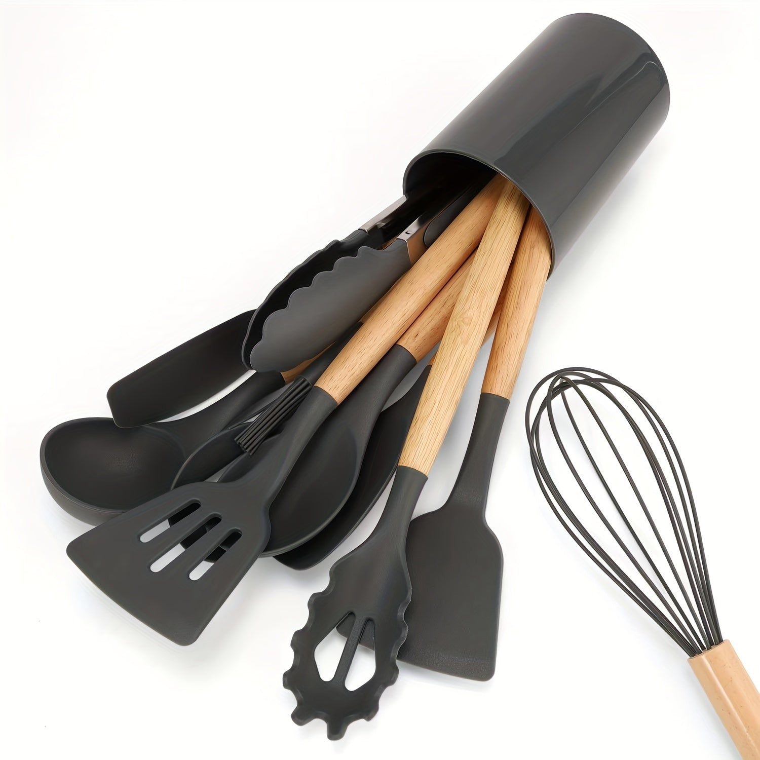 12-Piece Silicone Kitchen Utensil Set with Non-Stick Spatula and Spoon Wooden Handles