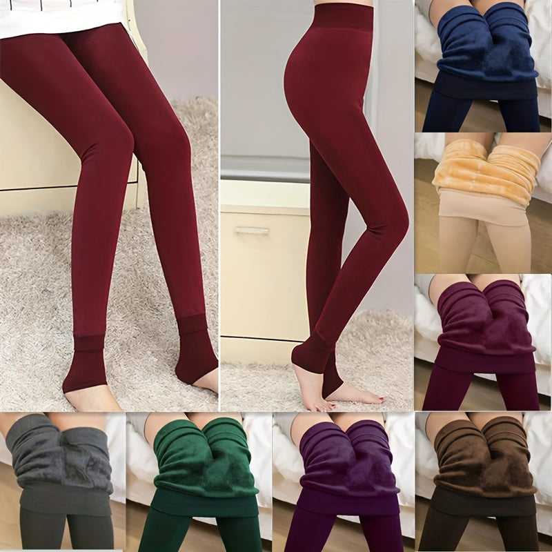 Women's High Waist Velvet Leggings Solid Color Elastic Knit Warm Winter