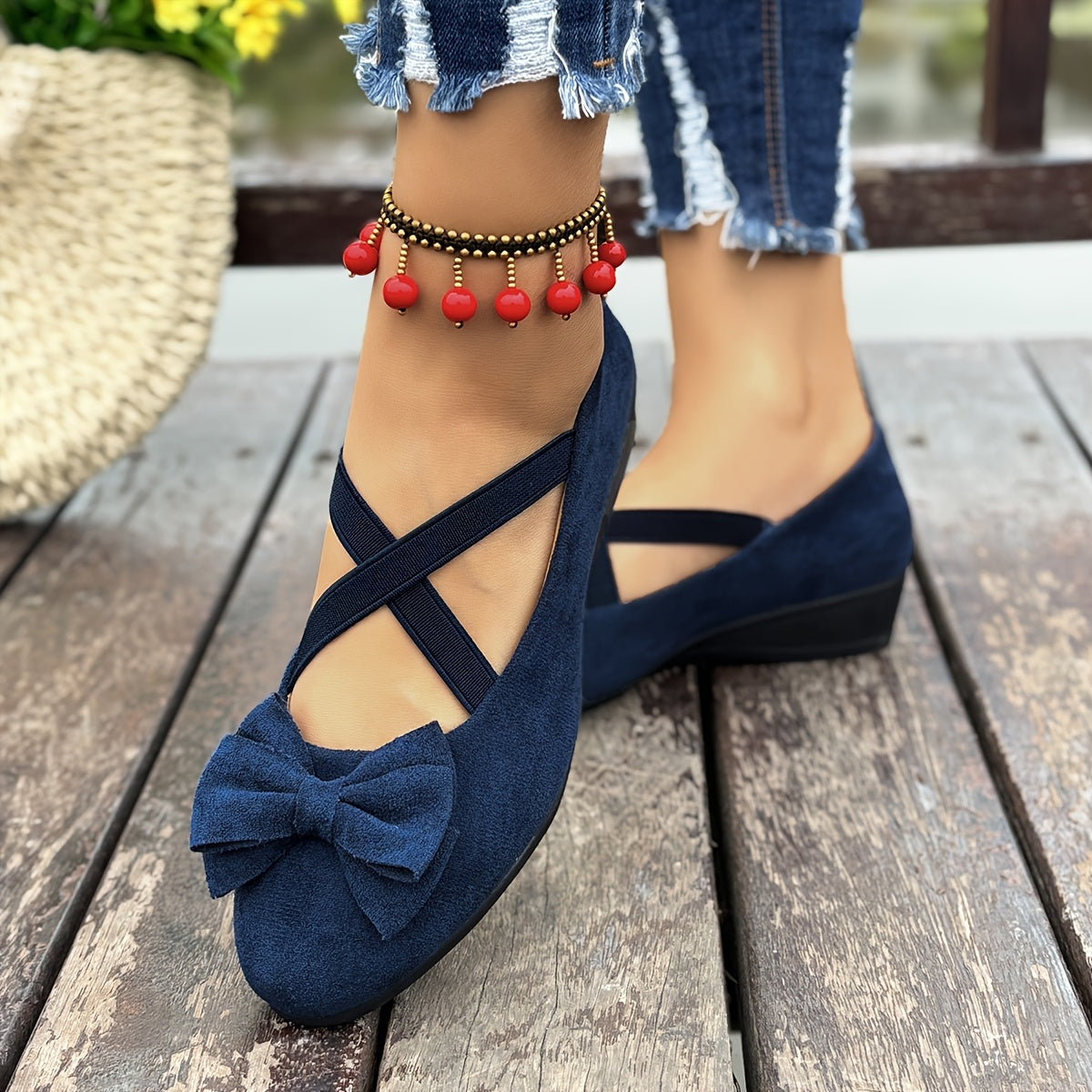 Women's Gray Mary Jane Flats with Bow - Lightweight Slip-On Comfort Shoes