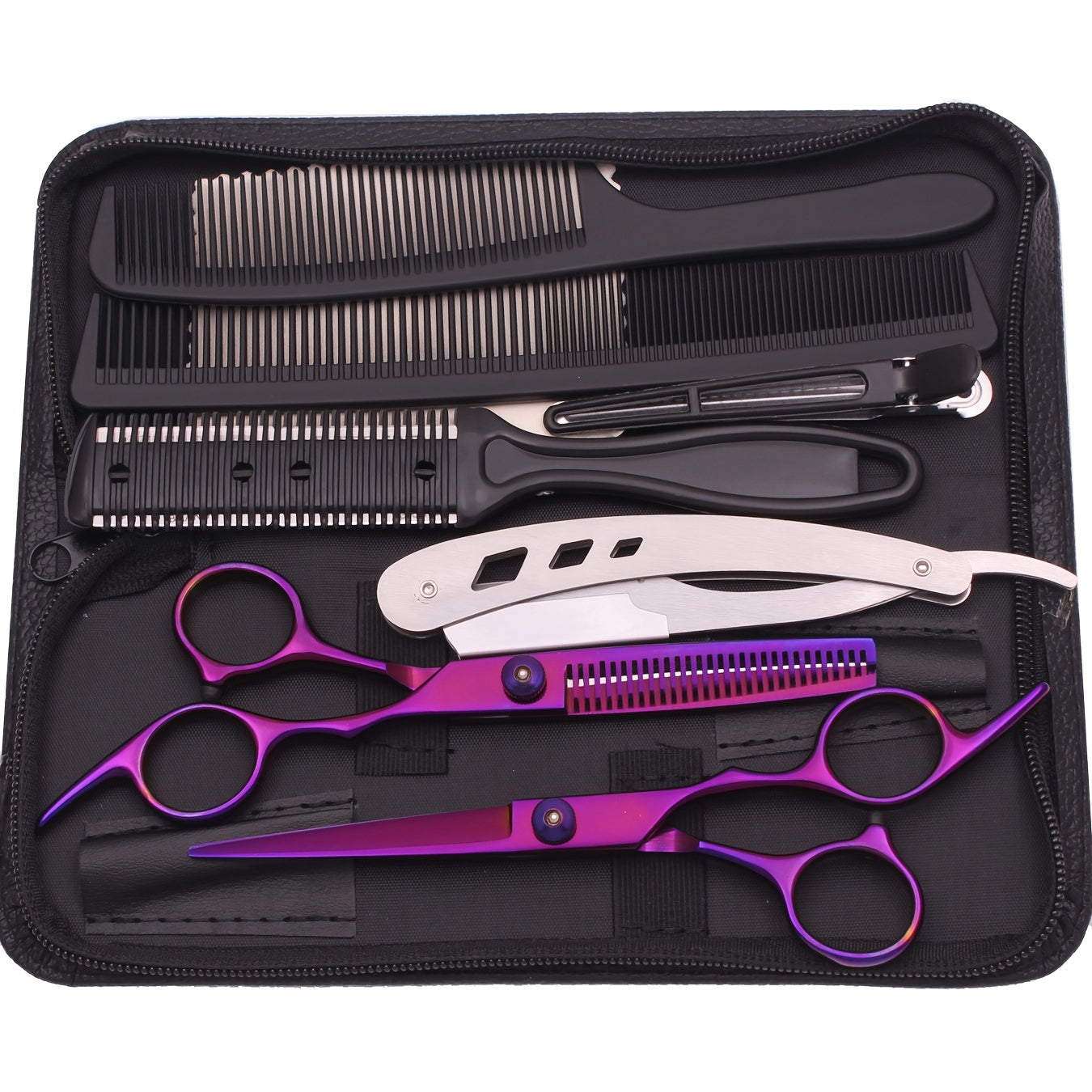 Unisex Hair Cutting Scissors and Thinning Shears Set for Barbershops and Salons with Combs and Razor