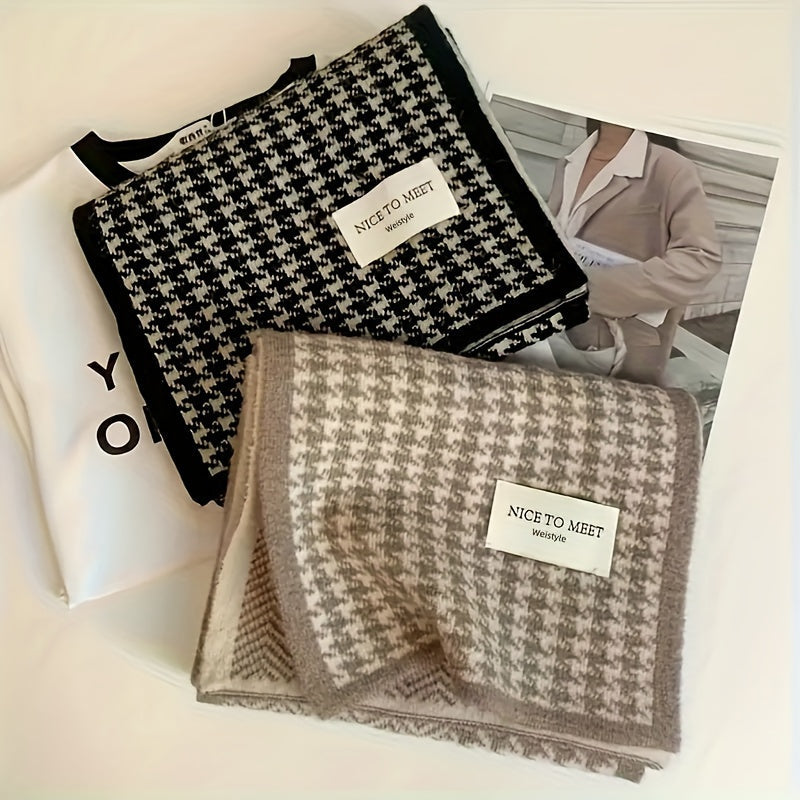 Black and White Houndstooth Scarf Thick Cozy Winter Fleece Wrap