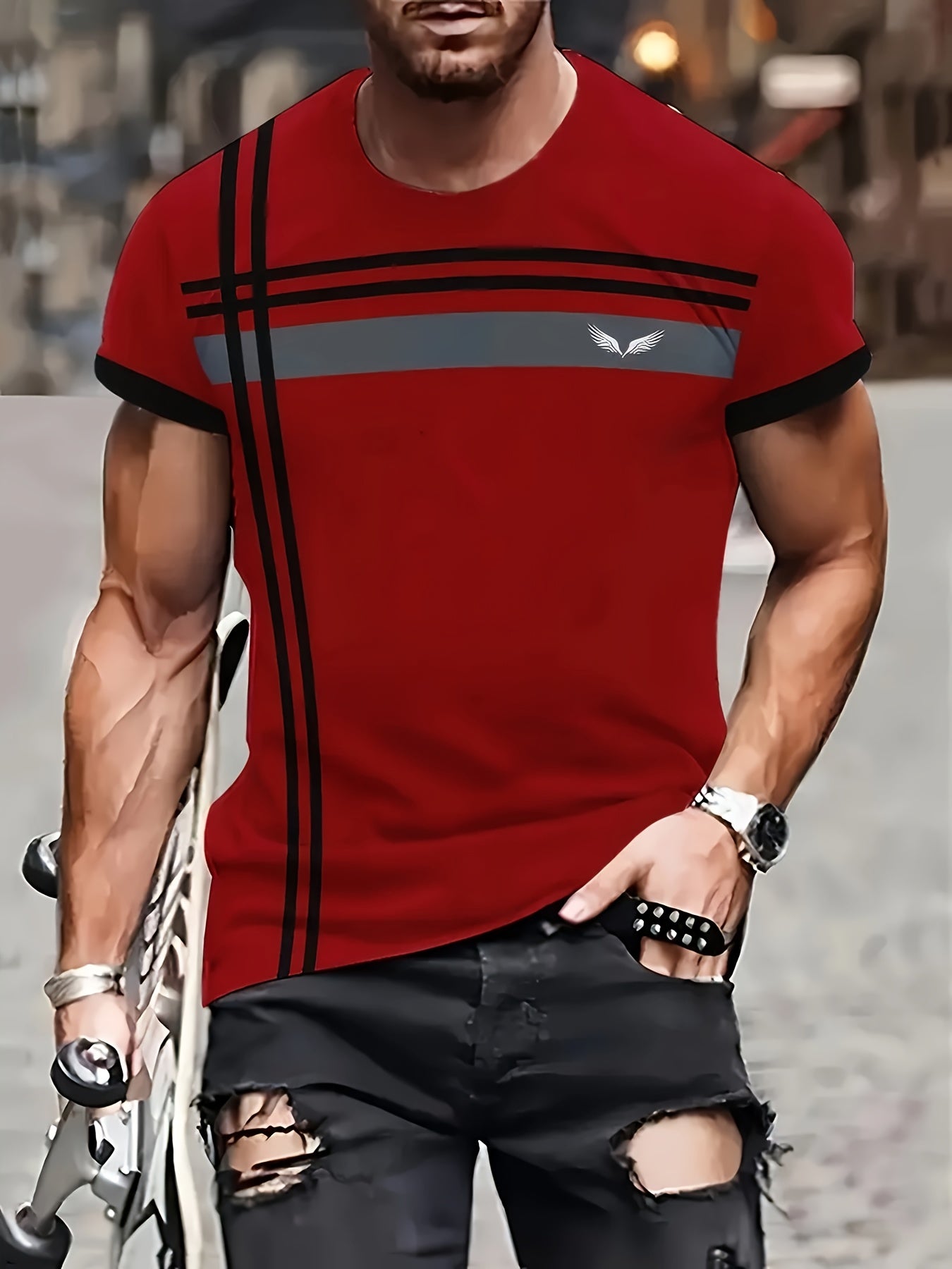 Мужская красная футболка с коротким рукавом из полиэстера для повседневной носки, спорт, увеличенный размер