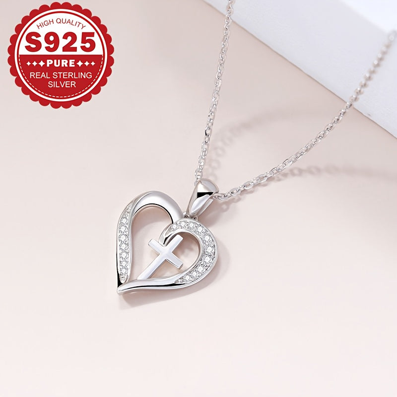 Sterling Silver Heart Cross Pendant Necklace with Synthetic Zirconia for Women