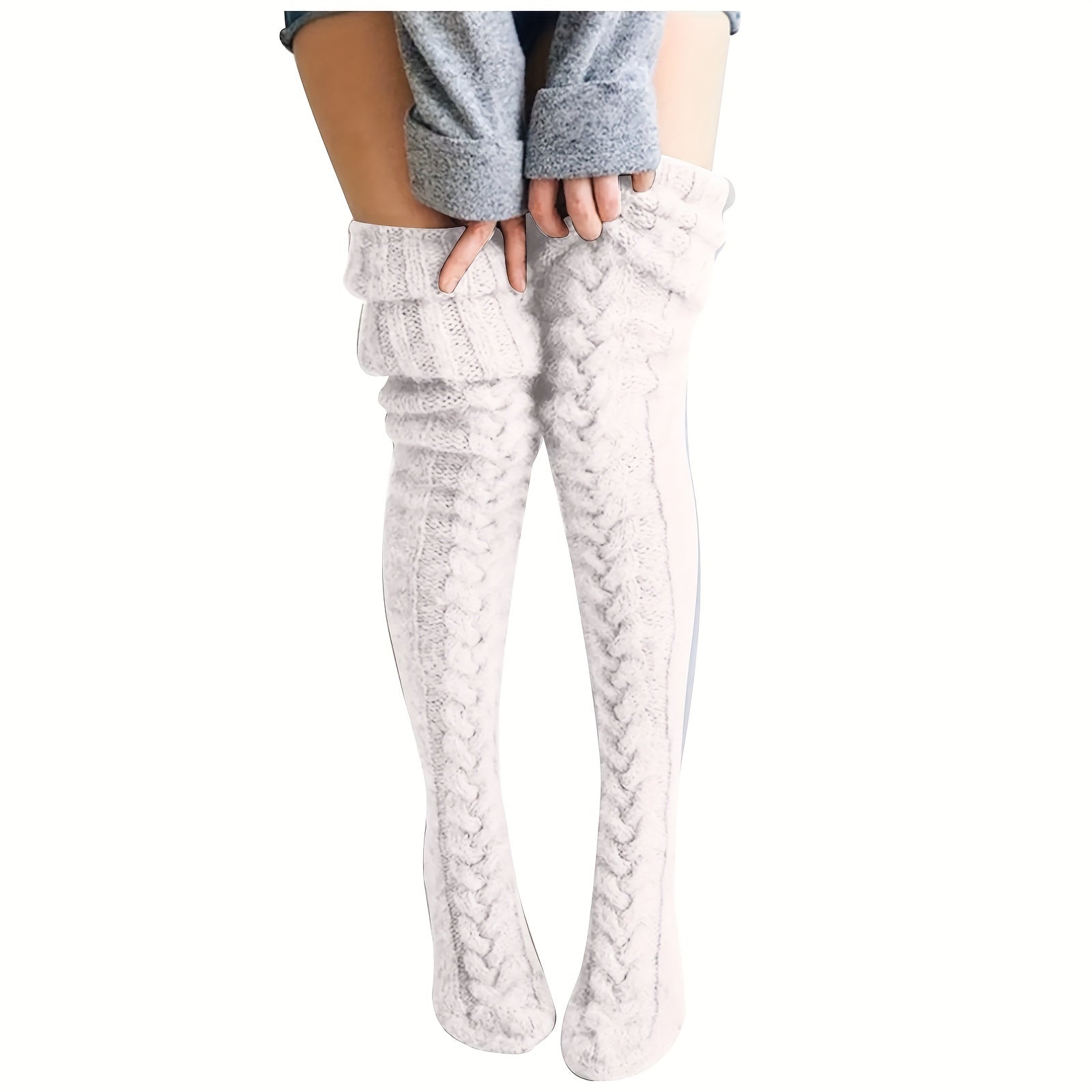 Women's Knitted Thigh-High Socks Solid Color Warm Acrylic Knee-High Stockings