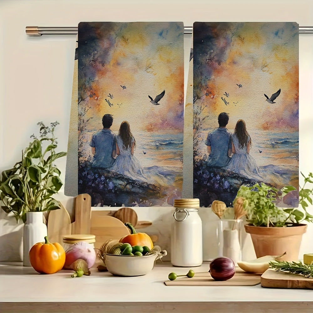 Romantic Sunset Love Kitchen Towels 2 Pieces Ultra Soft Absorbent 40x60cm