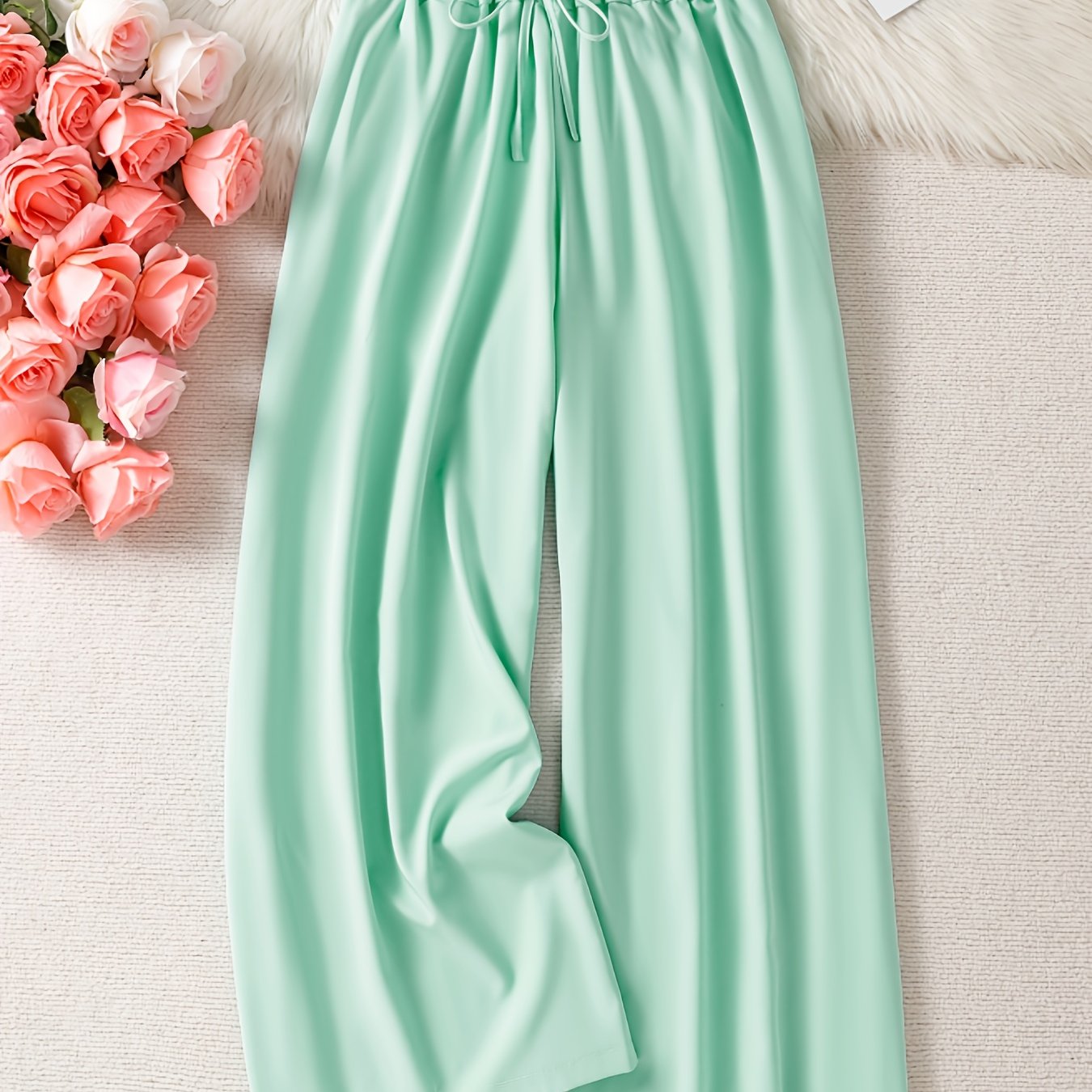 Women's Plus Size Wide Leg Pants with Faux Drawstring Black High Rise