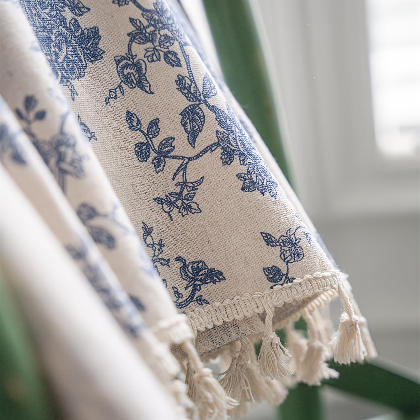 American Country Flower Cotton Linen Curtain Beige Fringed Window Drapery for Living Room Bedroom Kitchen