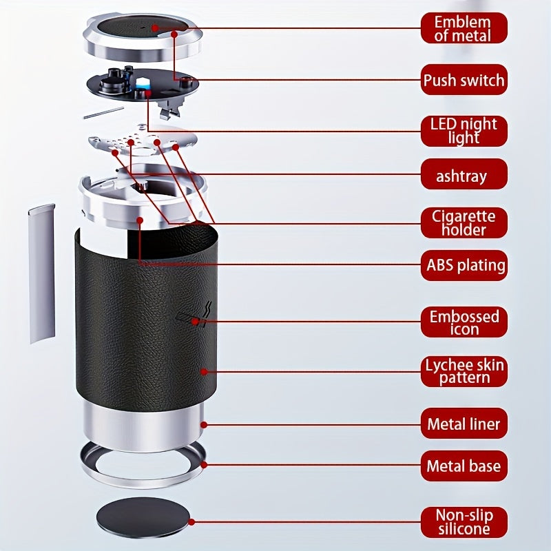 Car Ashtray with PU Leather Anti-Flying Ash Design LED Automatic Lighting Replaceable Battery Black