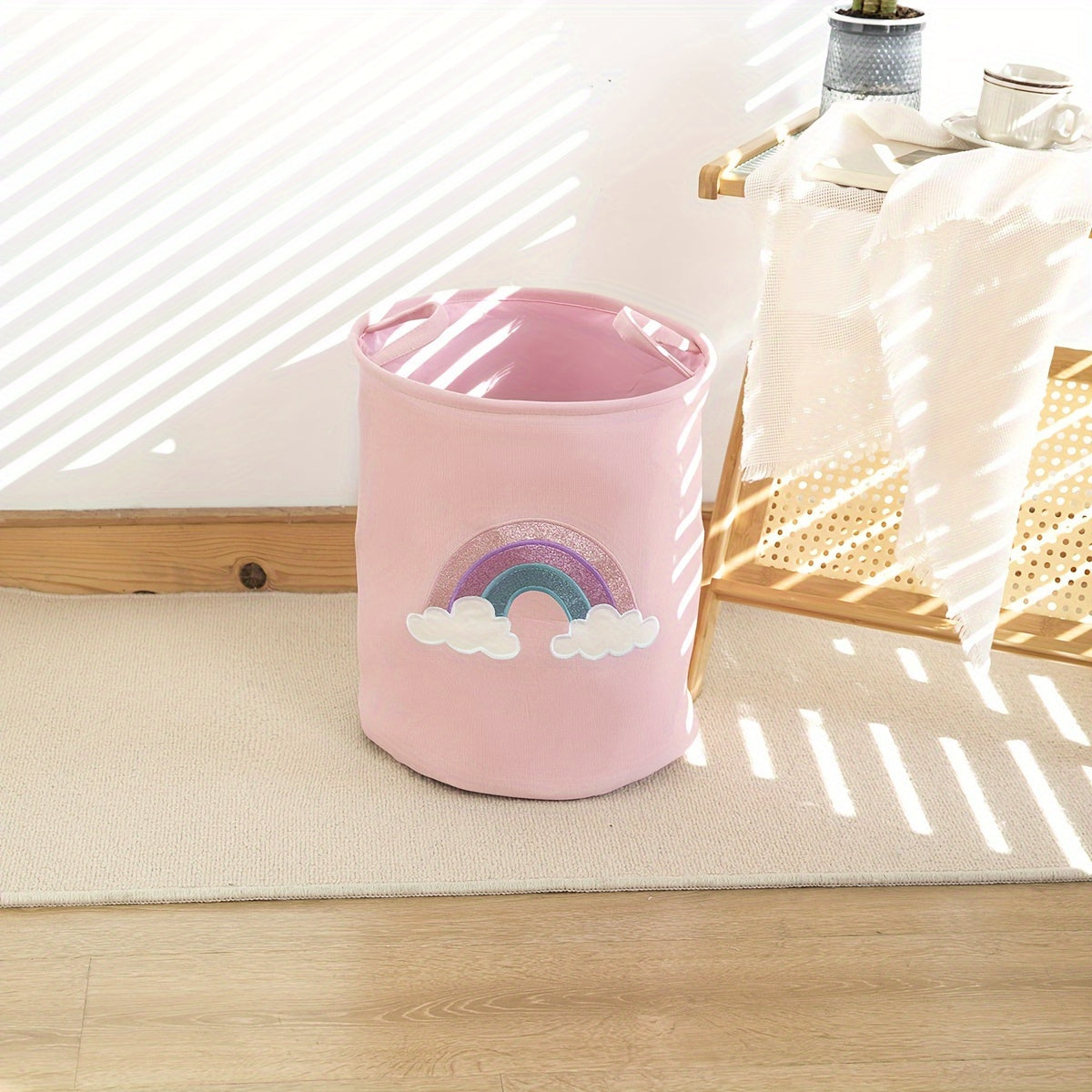 Pink Round Laundry Basket with Nursery Fabric Storage Bin for Home Organization