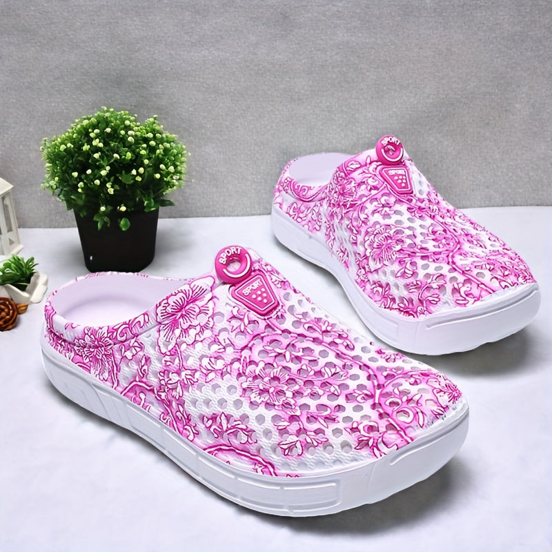 Women's Blue White Porcelain Print Clogs EVA Flat Heel Casual Footwear