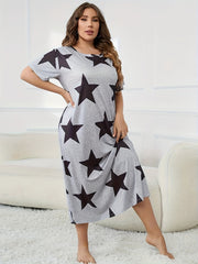 Женское ночное платье с ретро-звёздным принтом для полных, мягкое, эластичное, с коротким рукавом, ночная рубашка, черный и серый