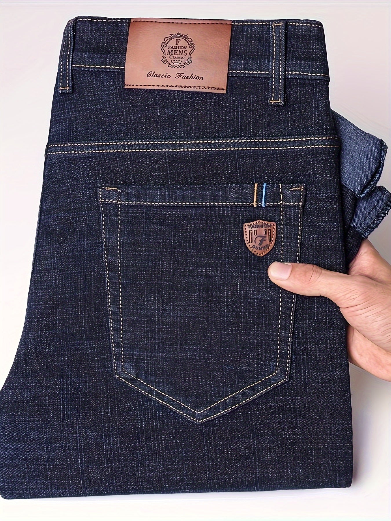 Men's Black Denim Jeans Slim Fit Straight Leg Patch Embroidery All-Season