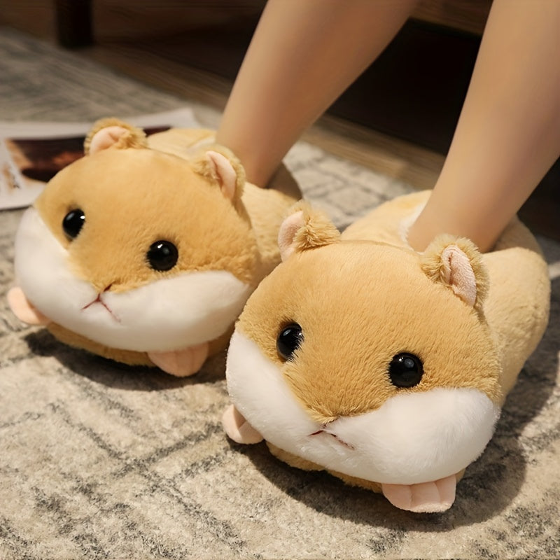 Women's Plush Hamster Slippers Non-Slip Indoor House Shoes Pink Grey Beige