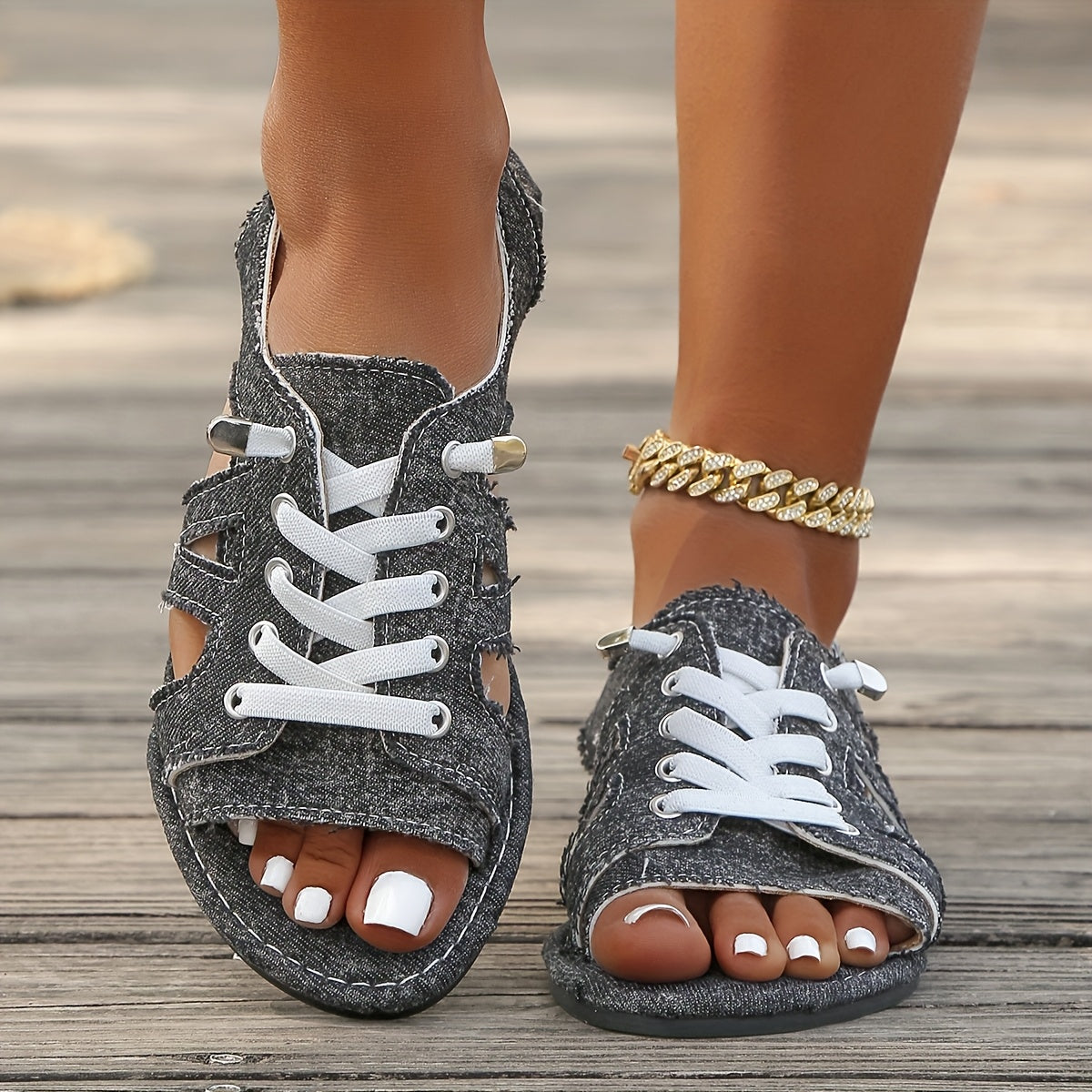 Women's Bohemian Flat Sandals Light Blue Open-Toe Lace-Up Casual Sandals