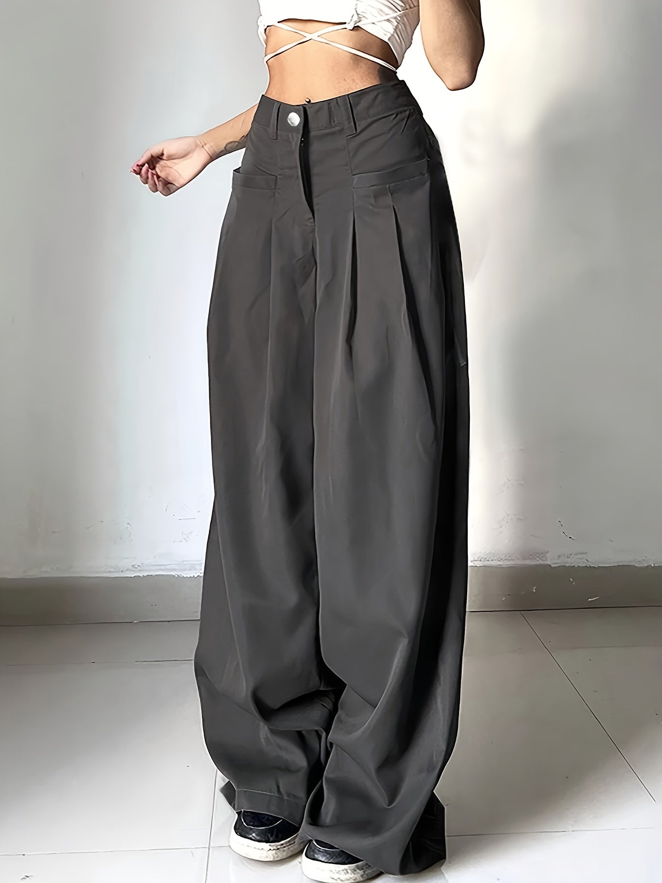 Women's High-Waisted Solid Color Button-Front Work Pants