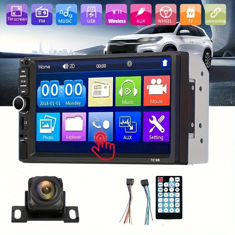 Estéreo de coche Double Din de 17.78cm con cámara de respaldo, inalámbrico, USB, AUX, TF, Mirror Link