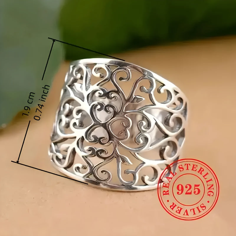 925 Silver Hollow Vine Wide Band Ring with Leaf Pattern Bohemian Jewelry
