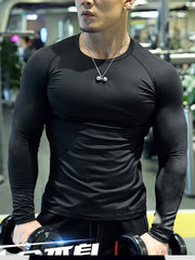 Camiseta de manga larga de color sólido para hombres, para deportes, fitness, de secado rápido y transpirable