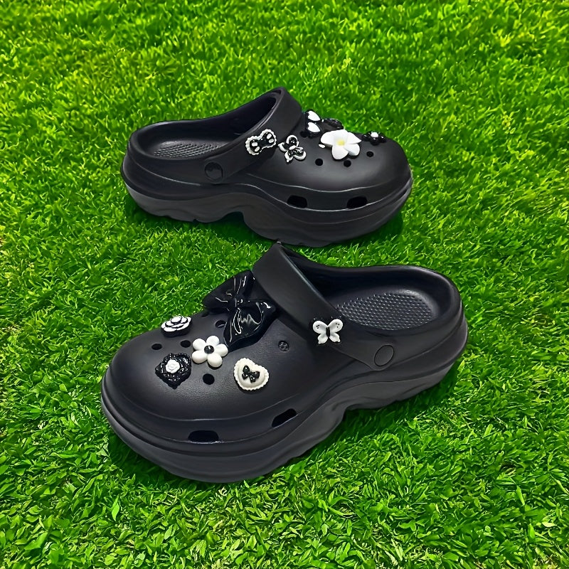 Женские пляжные туфли EVA с толстой подошвой, цветочные, черные и белые, комфортные для лета