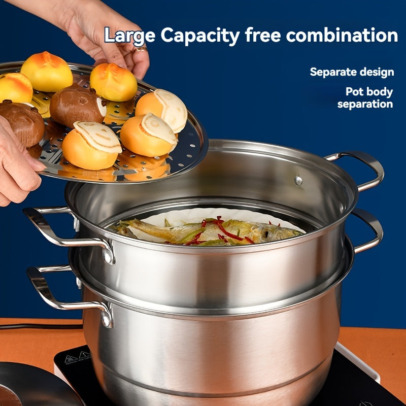 3-qavatli zanglamaydigan po'latdan yasalgan bug'langich qozon, 11 dyuym, ko'p maqsadli pishirish, sabzavotlar va manti uchun