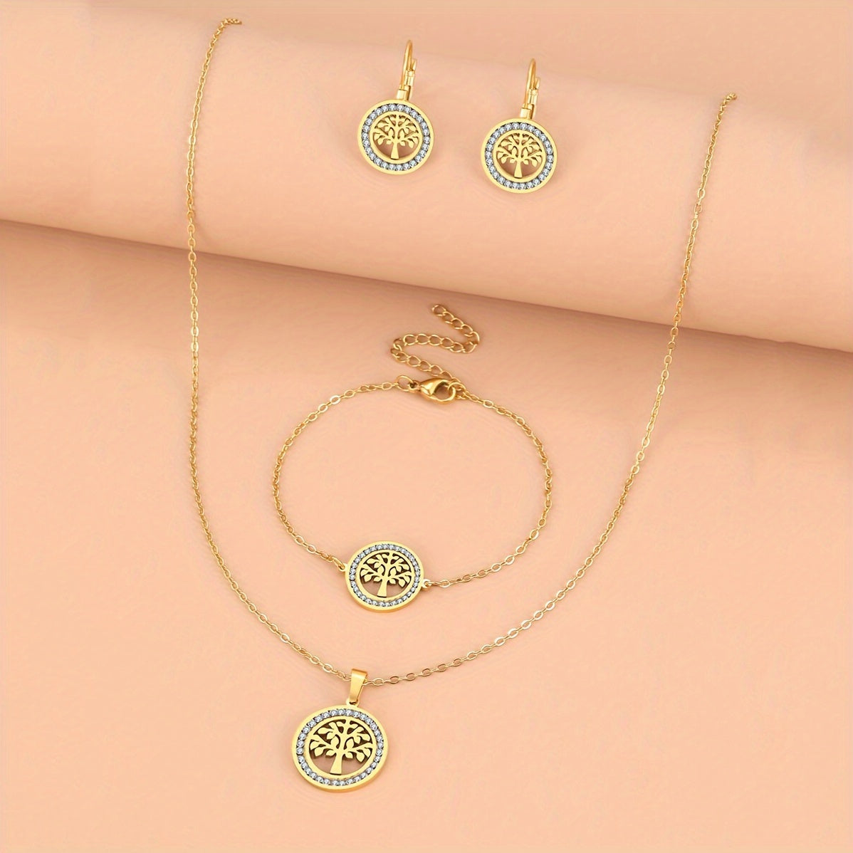 Bohemian Style 3-Piece Tree of Life Jewelry Set Copper Gold Plated Synthetic Zirconia for Parties Weddings