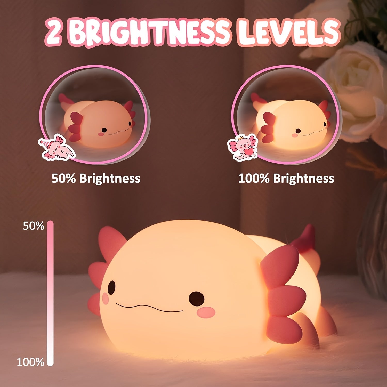 Axolotl Night Light for Kids Touch Control Dimming Timer USB Rechargeable Silicone Lamp for Bedroom