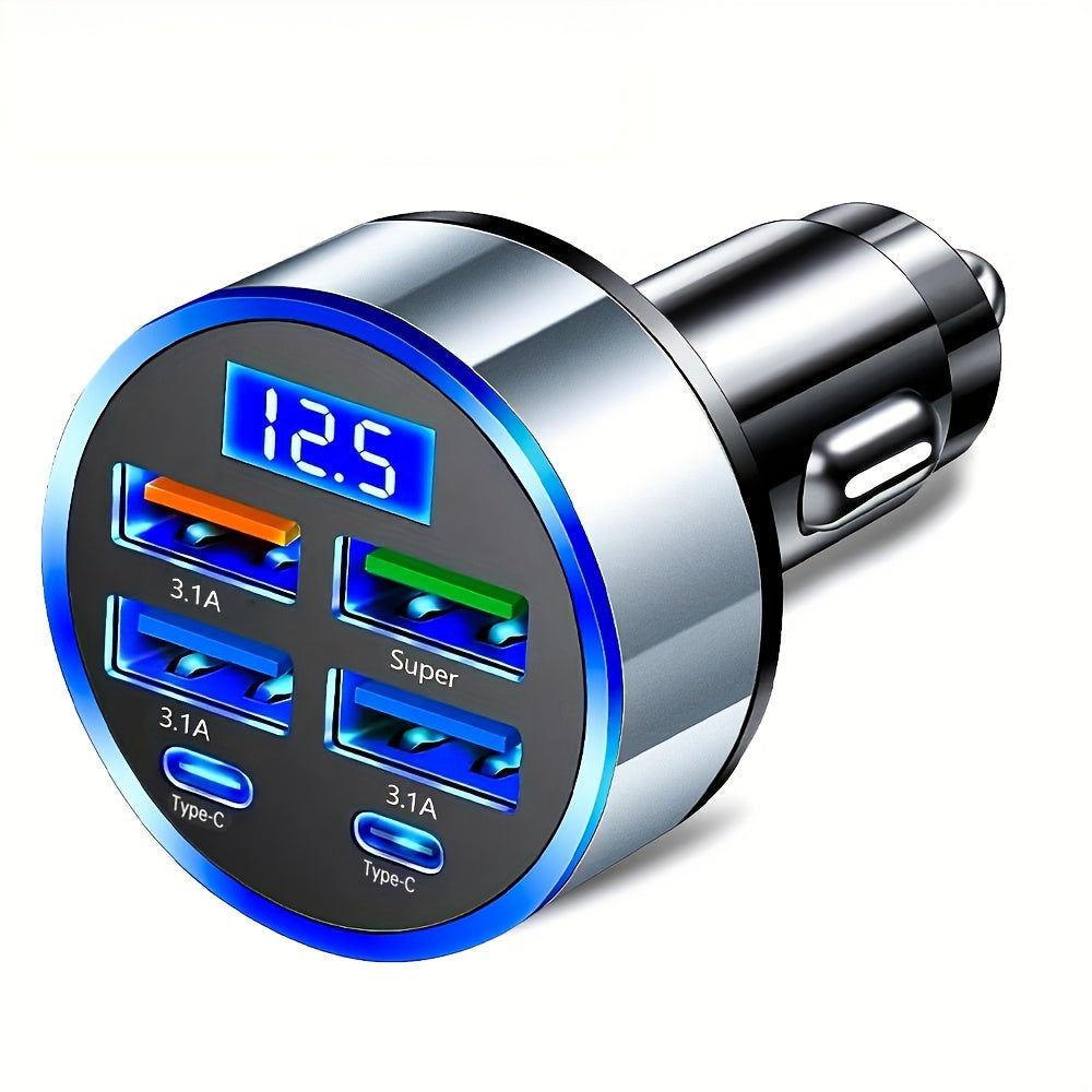 Car Mobile Phone Charger Silvery Fast Charging 4USB 2PD Digital Display