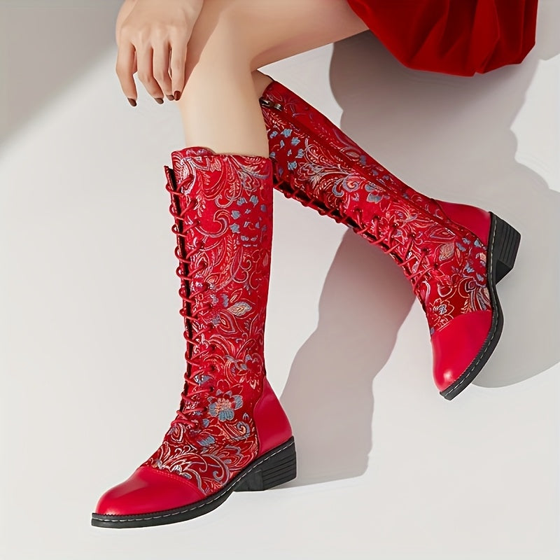Women's Floral Ethnic Knee-High Boots Zippered Block Heel All-Season