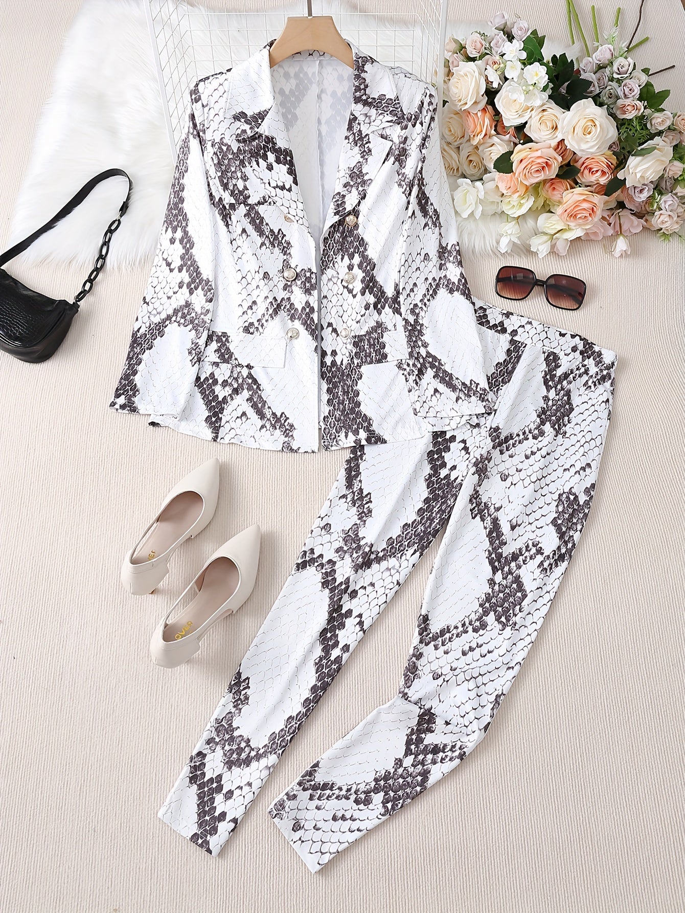 Women's Snakeskin Print Two-Piece Set Blazer and Pants Casual Spring Fall