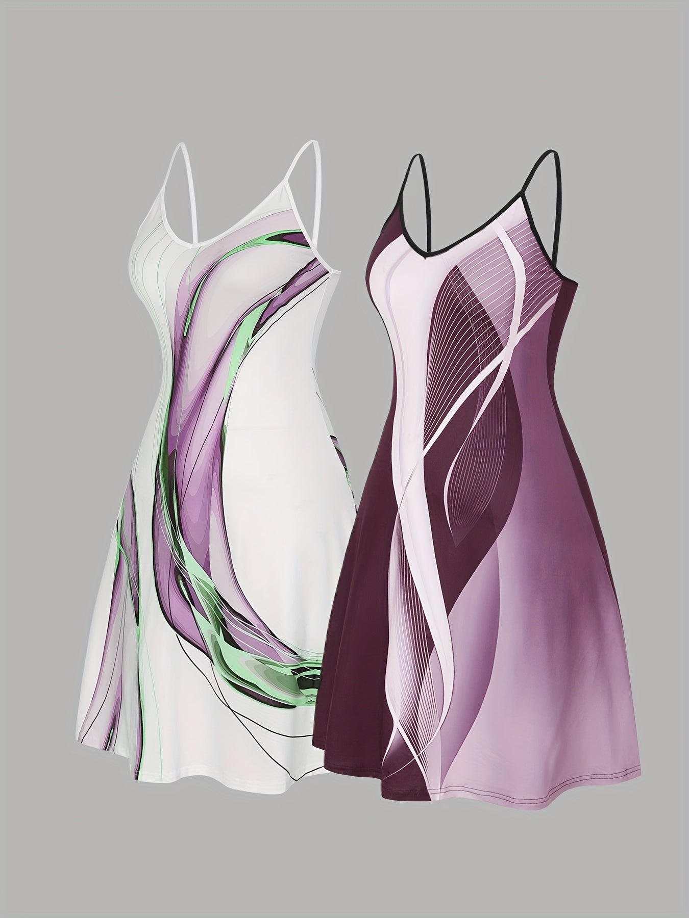 Women Plus Size V-Neck Spaghetti Strap Nightgowns White Purple Abstract Print Slip Dresses