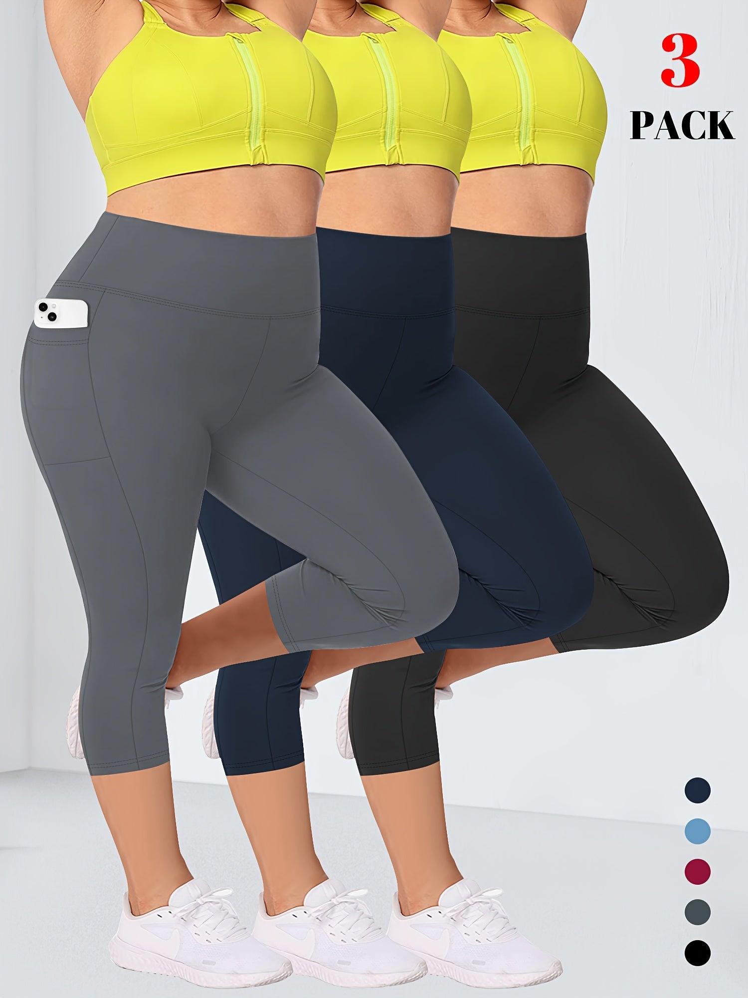 Plus Size Women's High-Waisted Tummy Control Capri Leggings 3-Pack